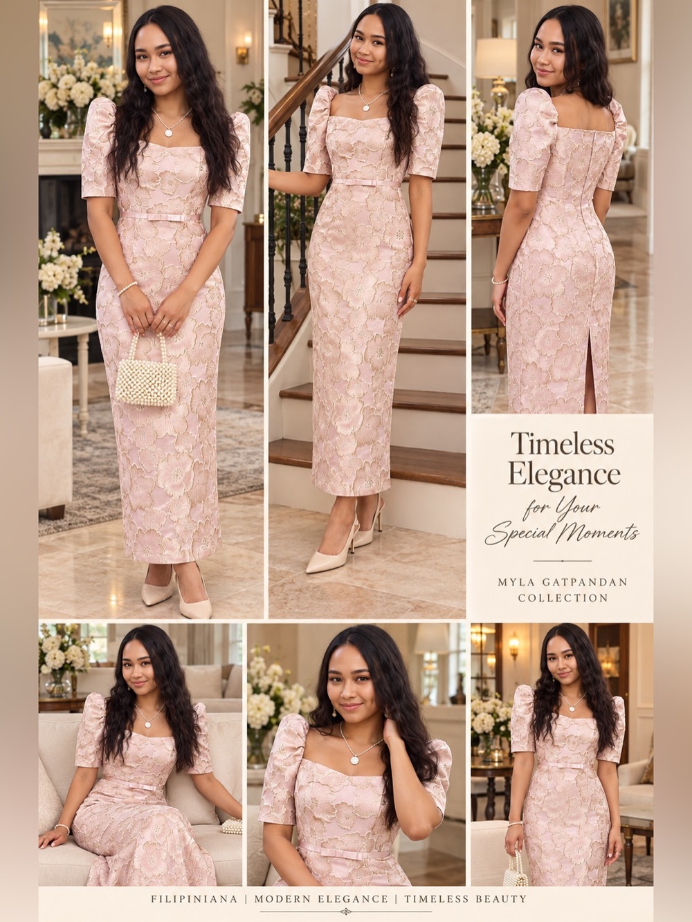 Blush Pink Lace Midi Dress with Square Neck and Puff Sleeves